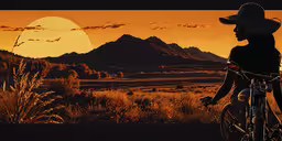 a silhouette of a woman sitting on top of a bike next to mountains,woman on bicycle at sun set in landscape