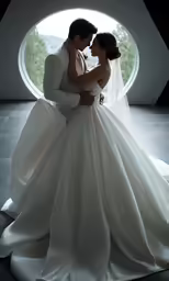 a bride and groom in an arch and window