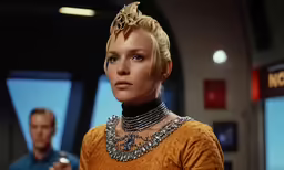 a female model wearing orange clothes with a gold and silver necklace