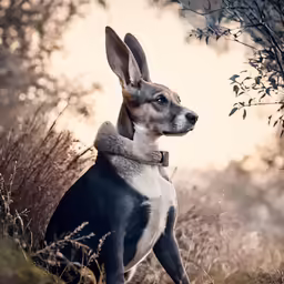 a dog sitting in tall grass and staring