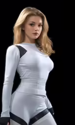 an attractive woman in white and black suit with her arms crossed