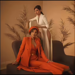 two women in orange dresses with hats and feathers