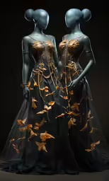 two mannequins dressed in black are holding gold leaves