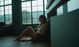 a girl sitting in a room, holding a glass looking at something