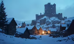 this is a snowy city with some lights on