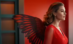 a woman in a red dress standing and holding a fake butterfly