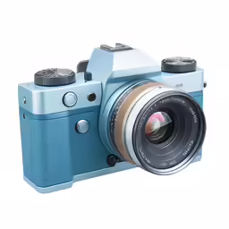 a camera that is blue with a lens
