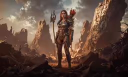 a woman with an orange outfit and a horned hand holds a sword