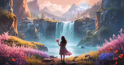 a young girl in a dress standing at the edge of a waterfall
