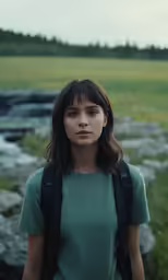 a woman in a green t shirt is looking at the camera