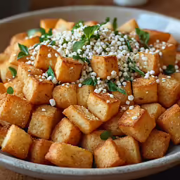 a salad with bread and sesame seeds