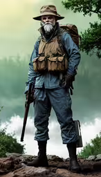 a man with a beard wearing a backpack and holding a rifle,an old man with a beard wearing a bag