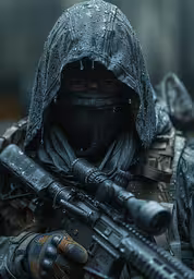 a man with hood up holding a rifle,the image shows a man in full outfit with a rifle