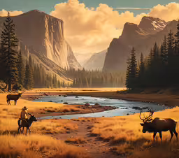 deer on the side of a mountain with a man riding a horse,two people riding bulls on a grassy field