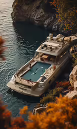 large boat docked in the water by the shore