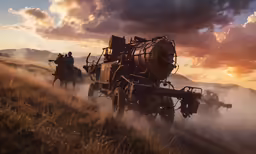 a tractor truck pulling two men on horses in the country