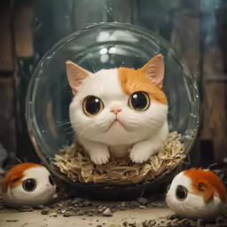 a cat and her three kittens look into the lens of the small glass ball