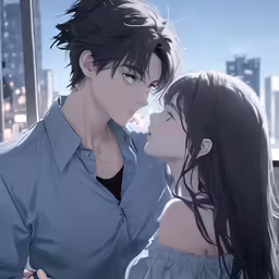 a young couple in blue shirt and black hair