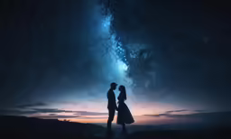 couple silhouetted against night sky with stars