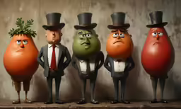 a bunch of funny eggs with faces wearing hats and suits