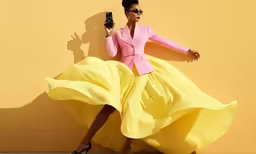 a woman posing in front of a yellow wall