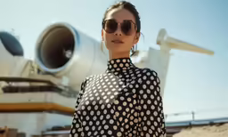 a girl with sunglasses poses for the camera near a large object