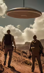 two men in the middle of an open desert with a suspended object above