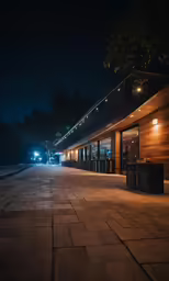 the outside of a building with lights at night