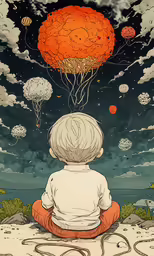 a boy sitting on the ground looking up at clouds in the sky