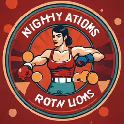 the cartoon poster for the gym is shown,woman boxing stance with gloves, right arms outstretched and texting righty actions