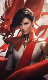 a woman in armor with red and white clothing