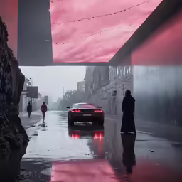 a red car driving down a wet road