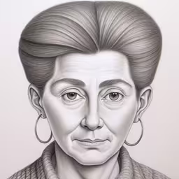 a drawing of an old woman with large round earrings,a drawing of an older woman with very short hair and big hoop earrings,pencil drawing of woman with large hoop earrings and sweater,a drawing of a woman
