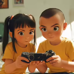 an image of two kids with camera posing