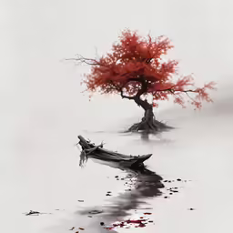the painting is of a boat on the water with an orange tree