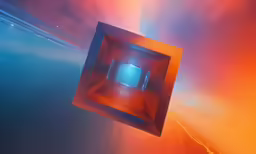 a bright blue and orange object with an abstract background
