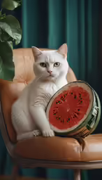 a white cat with a watermelon instrument on a leather chair