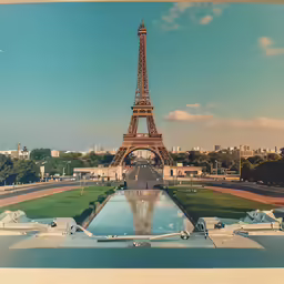 a small fountain is in front of the eiffel tower