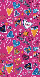 a pink background with various hearts and other objects
