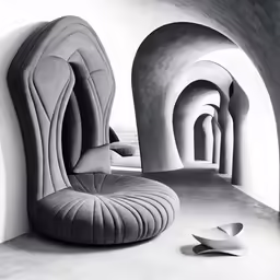 a room with arches, a plant and a chair