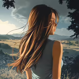 the back view of a woman with long, brown hair looking over a forest