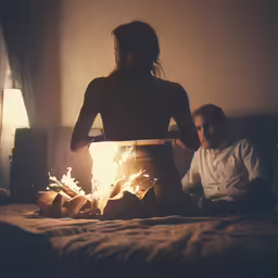 a woman sitting on her bed watching a fire