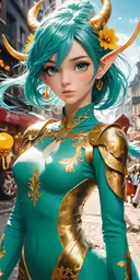 a sexy woman dressed in blue and gold