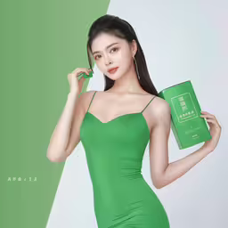 the image shows a beautiful woman in a green dress,the woman is wearing a green dress