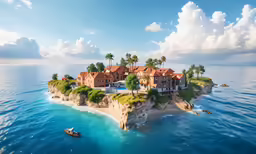 an island with a boat and a home