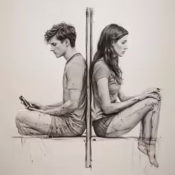 two people are sitting down while the girl has her legs crossed