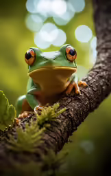 a frog is sitting on a branch with bright lights in the background