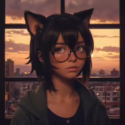 a female in glasses with a cat ears on her head