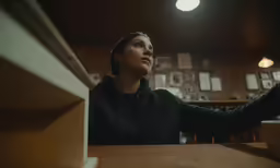 a woman sitting in a restaurant looking up