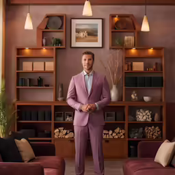 a man in a suit standing next to two sofas